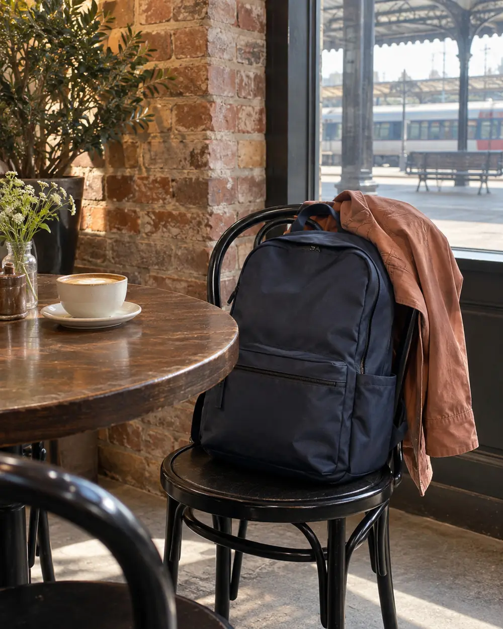 Mochila azul-marinho numa cadeira de café, com um casaco coral por cima e a plataforma da estação ao fundo.