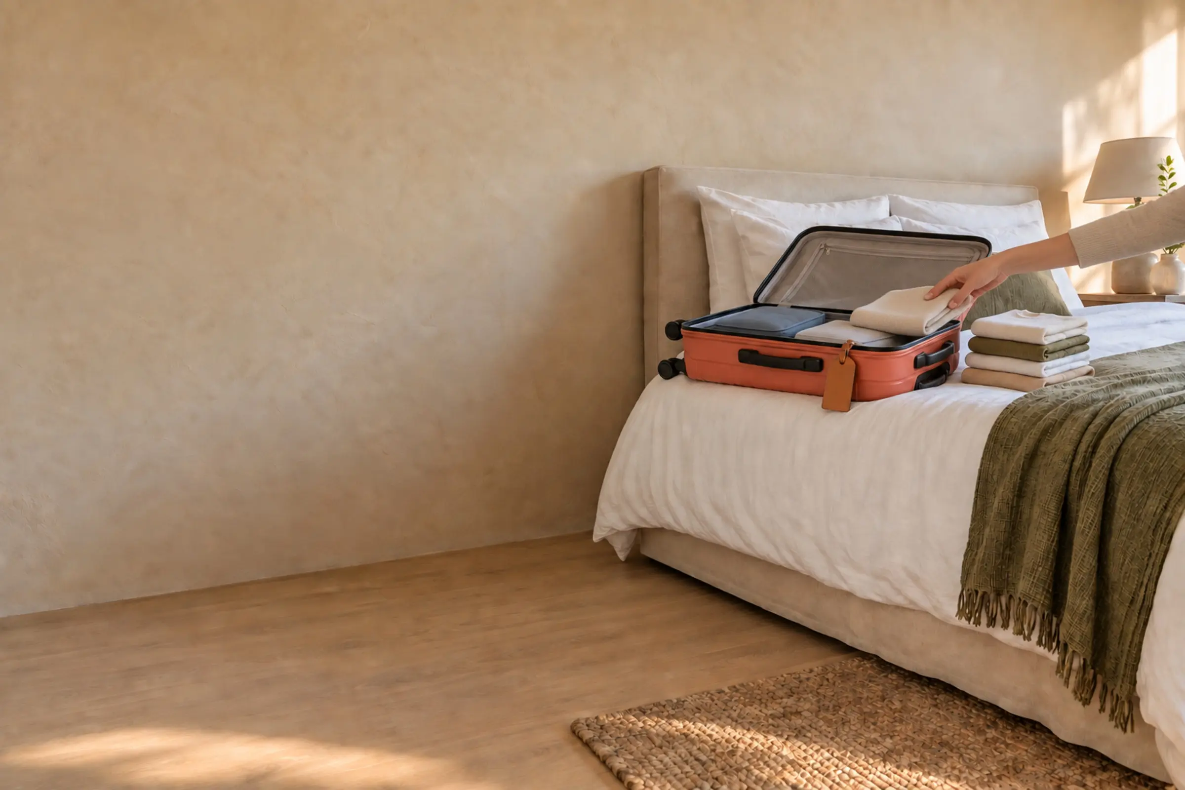 A mesma mala coral aberta na cama, com cubos organizadores e uma mão acomodando uma peça.